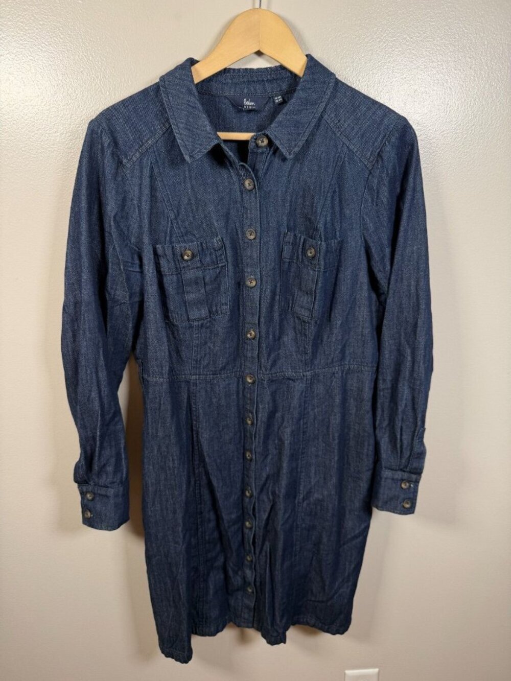 Boden Denim Shirt Dress Size 14 Knee Length Long Sleeve Classic Work Office
